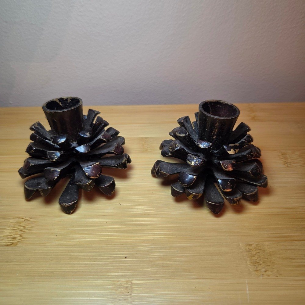 Vintage Metal Pinecone Taper Candle Holder Pair Bronze Gold Finish